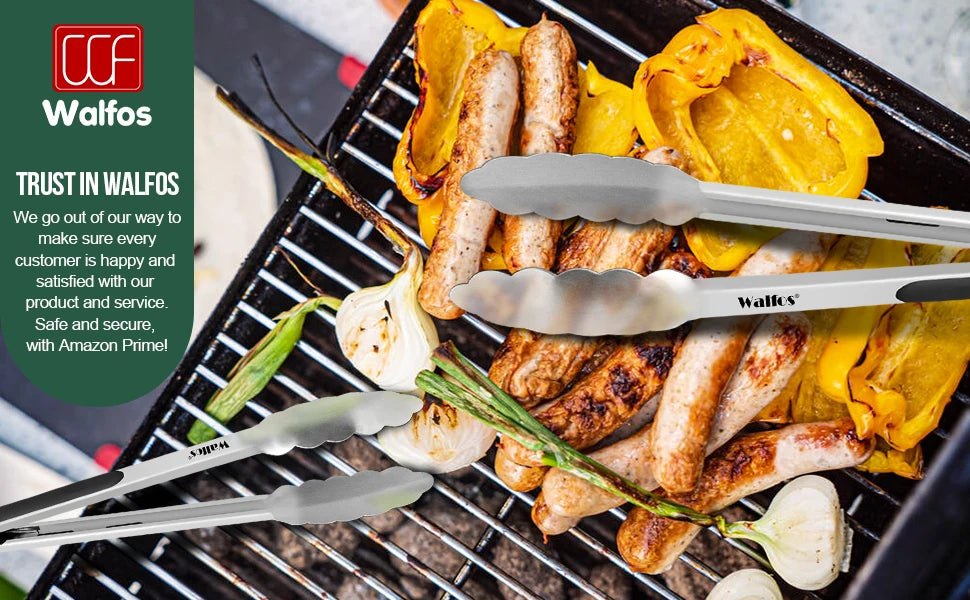 WALFOS BBQ Grilling Tong Salad Serving Food Tong Stainless Steel Metal Kitchen Tongs Barbecue Cooking Locking Tong Food BBQ Clip