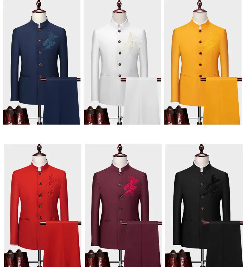 White Men's Stand Collar Chinese Style Slim Fit Two Piece Suit Set / Men Zhong Shan Blazer Jacket Coat Pants Trousers 2 Pcs 7XL