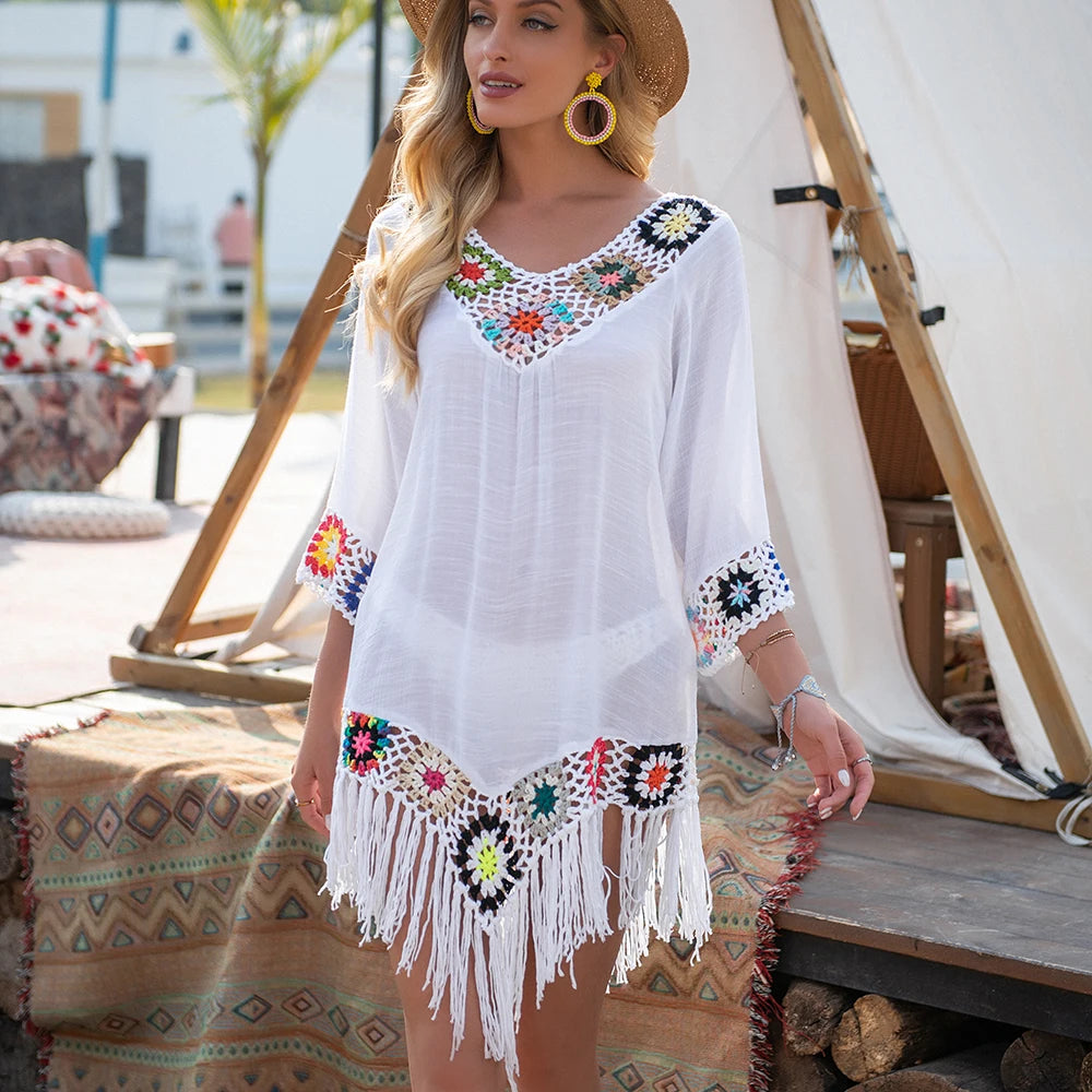 CROCHET BIKINI-White Bikini Cover Up with Fringe Trim for Women, Sexy Hollow Tunic Beach Dress, Summer Bathing Suit, Beachwear