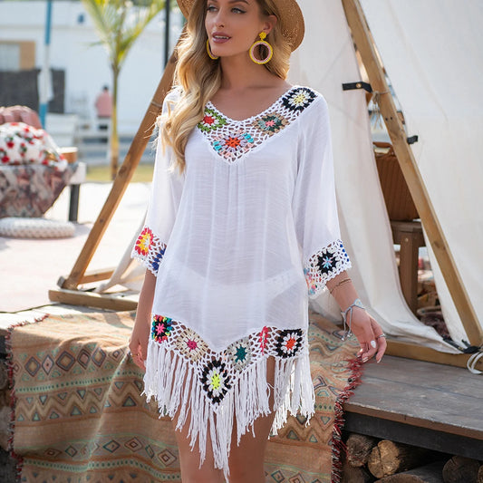 CROCHET BIKINI-White Bikini Cover Up with Fringe Trim for Women, Sexy Hollow Tunic Beach Dress, Summer Bathing Suit, Beachwear