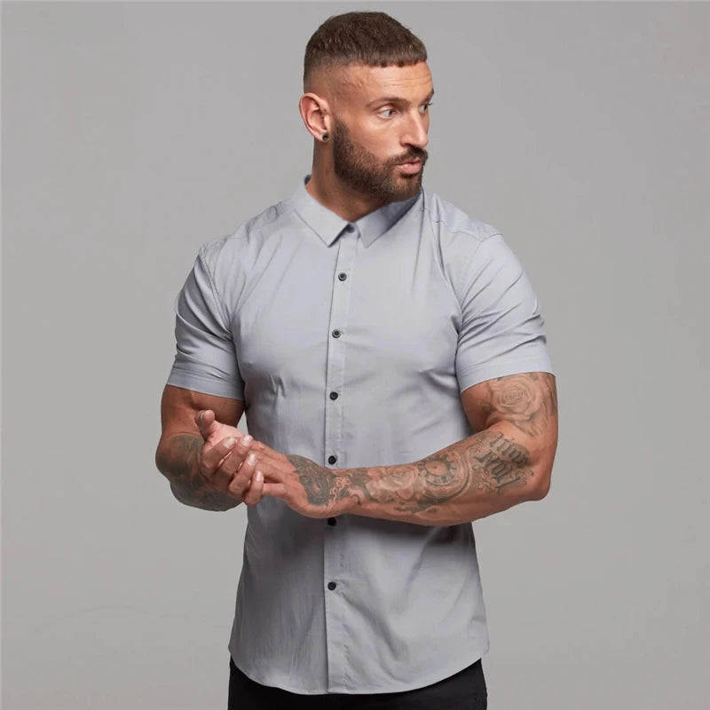 Summer Fashion Man Short Sleeve Shirt Solid Fitness Mens Turn-down Collar Super Slim Fit Business Dress Shirt Button Gym Tops