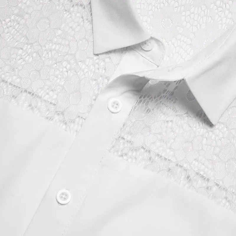 INCERUN Men Shirt Lace Mesh Patchwork Lapel Short Sleeve Streetwear See Through Sexy Camisas Summer 2024 Party Men Clothing
