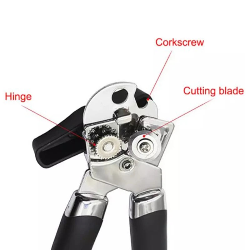 3 in 1 Professional Manual Stainless Steel Cans Opener Practical Unique Kitchen Tools Corkscrew Handle Grip Bottle Opener 1PC
