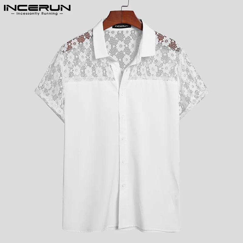 INCERUN Men Shirt Lace Mesh Patchwork Lapel Short Sleeve Streetwear See Through Sexy Camisas Summer 2024 Party Men Clothing