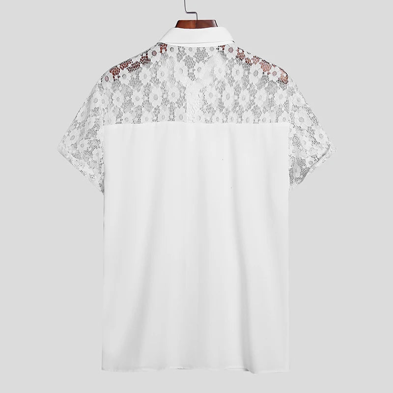 INCERUN Men Shirt Lace Mesh Patchwork Lapel Short Sleeve Streetwear See Through Sexy Camisas Summer 2024 Party Men Clothing