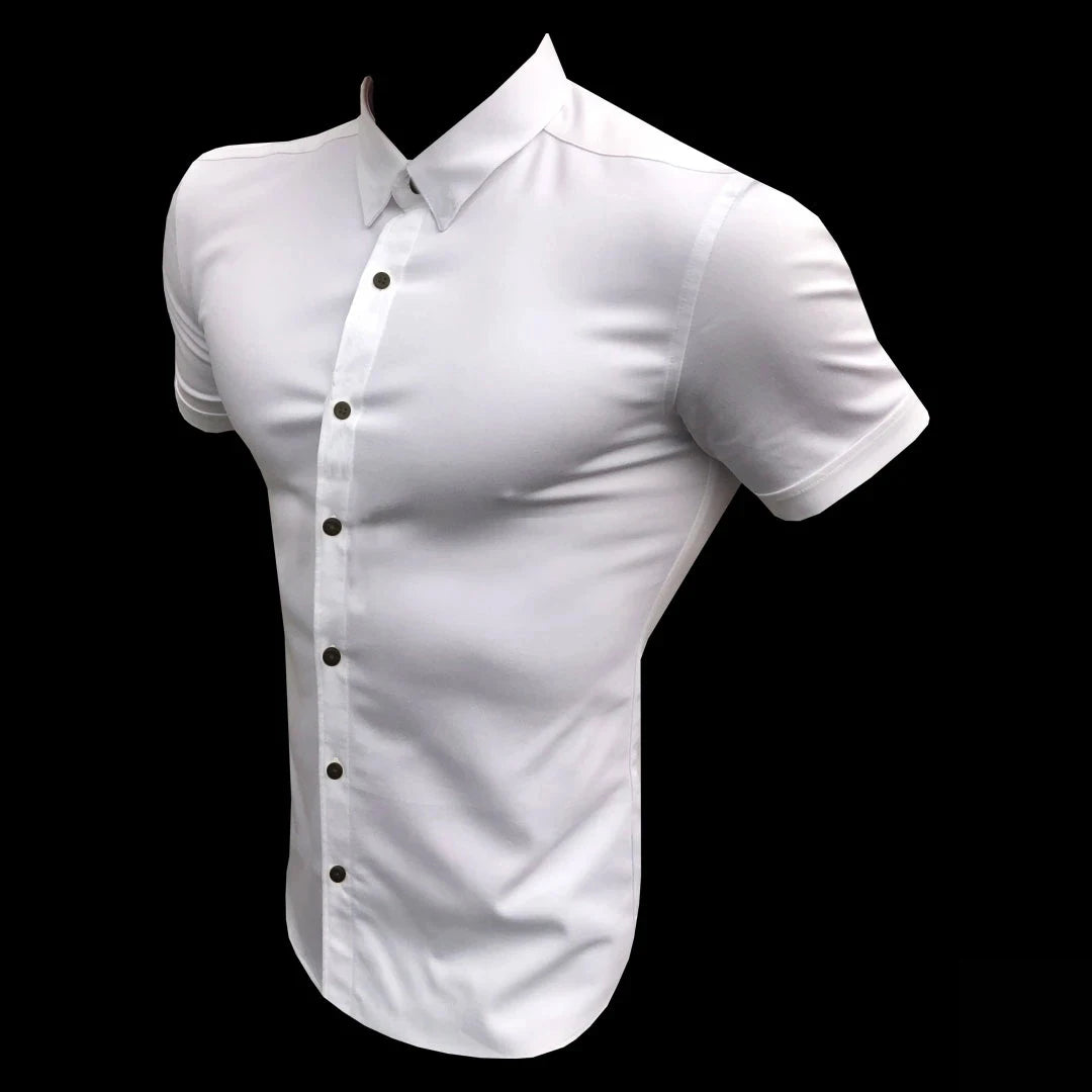 Summer Fashion Man Short Sleeve Shirt Solid Fitness Mens Turn-down Collar Super Slim Fit Business Dress Shirt Button Gym Tops