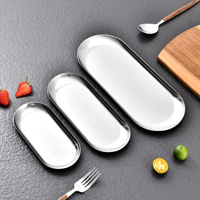 Stainless Steel European Jewelry Storage Tray Metal Cosmetic Storage Oval Cake Fruit Dessert Tray Snack Plate Kitchen Organizer