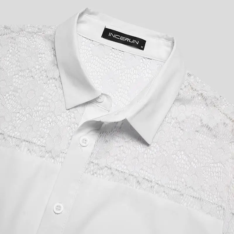 INCERUN Men Shirt Lace Mesh Patchwork Lapel Short Sleeve Streetwear See Through Sexy Camisas Summer 2024 Party Men Clothing