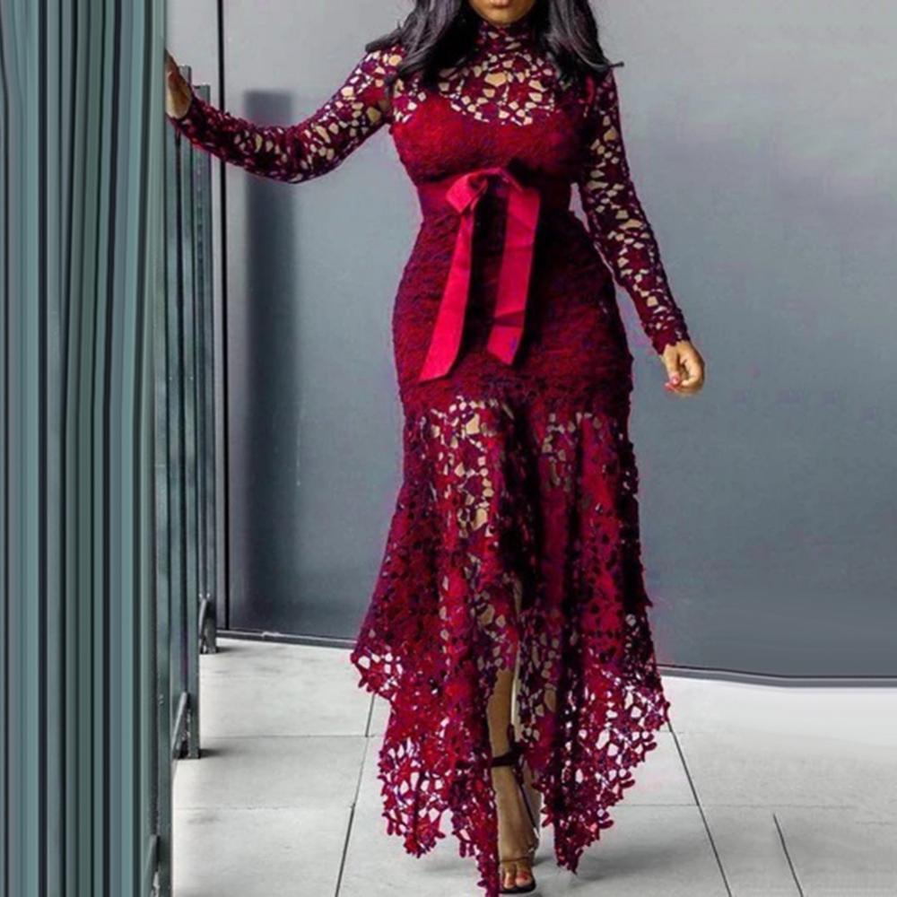 70% Hot Sell Women Long Sleeve Bow Belted Irregular Hem Hollow Lace Sexy Bodycon Long Dress