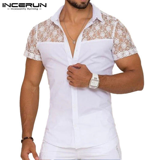 INCERUN Men Shirt Lace Mesh Patchwork Lapel Short Sleeve Streetwear See Through Sexy Camisas Summer 2024 Party Men Clothing