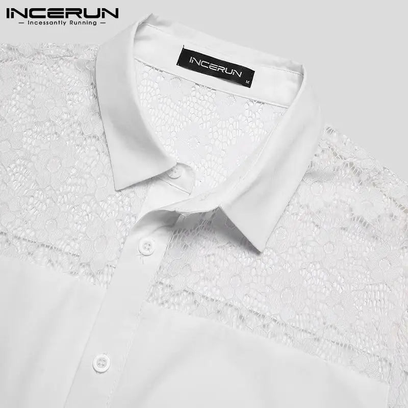 INCERUN Men Shirt Lace Mesh Patchwork Lapel Short Sleeve Streetwear See Through Sexy Camisas Summer 2024 Party Men Clothing