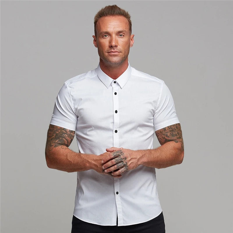 Summer Fashion Man Short Sleeve Shirt Solid Fitness Mens Turn-down Collar Super Slim Fit Business Dress Shirt Button Gym Tops