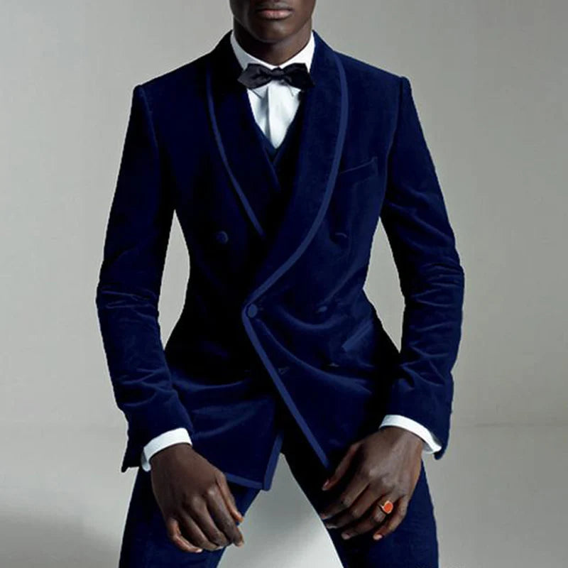Tailor-made Brand Royal Blue Velvet Suits for Men Slim Fit Best Man Groom Wedding Suit Tuxedo Shawl Lapel Blazer Vest Pants 3Pcs