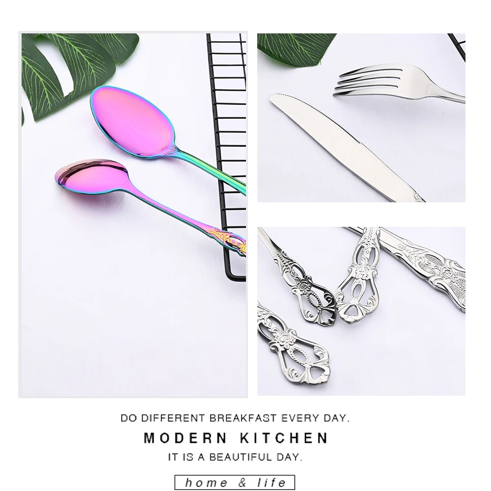 Royal Flatware Cutlery Set Silver Stainless Steel Dinnerware Western KnifeTea Spoon Fork Silverware Tableware Kitchen Set