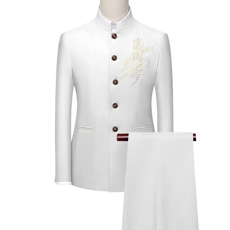 White Men's Stand Collar Chinese Style Slim Fit Two Piece Suit Set / Men Zhong Shan Blazer Jacket Coat Pants Trousers 2 Pcs 7XL