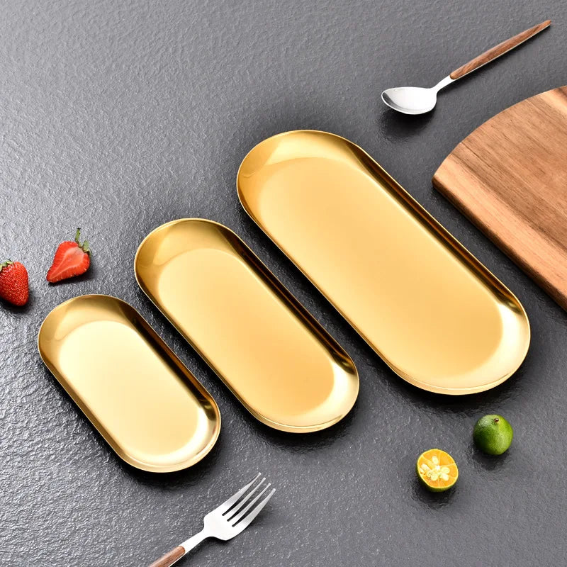Stainless Steel European Jewelry Storage Tray Metal Cosmetic Storage Oval Cake Fruit Dessert Tray Snack Plate Kitchen Organizer