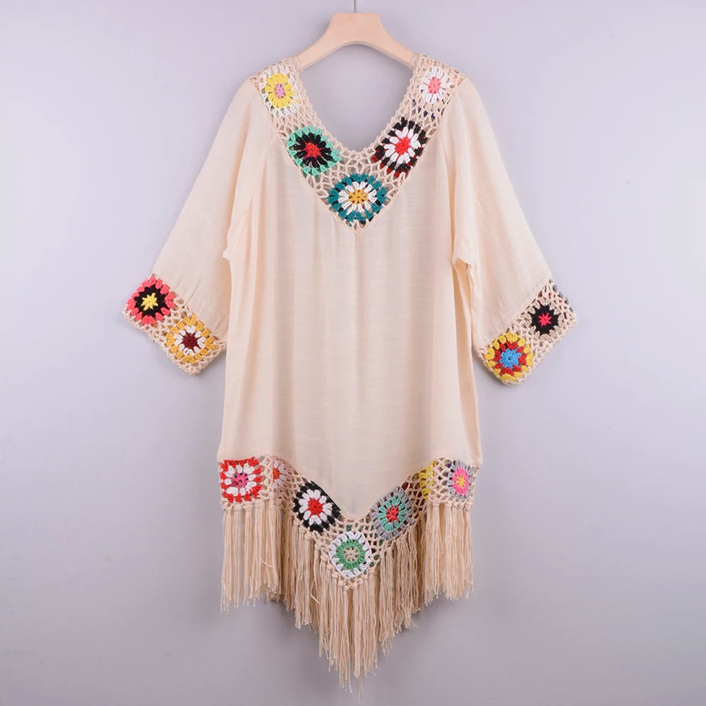 CROCHET BIKINI-White Bikini Cover Up with Fringe Trim for Women, Sexy Hollow Tunic Beach Dress, Summer Bathing Suit, Beachwear