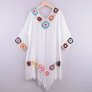 CROCHET BIKINI-White Bikini Cover Up with Fringe Trim for Women, Sexy Hollow Tunic Beach Dress, Summer Bathing Suit, Beachwear
