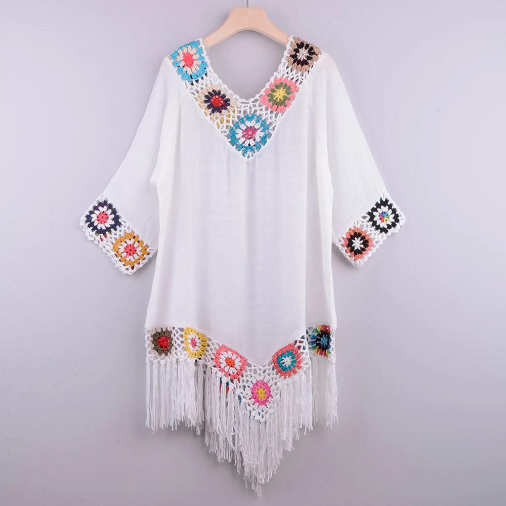 CROCHET BIKINI-White Bikini Cover Up with Fringe Trim for Women, Sexy Hollow Tunic Beach Dress, Summer Bathing Suit, Beachwear