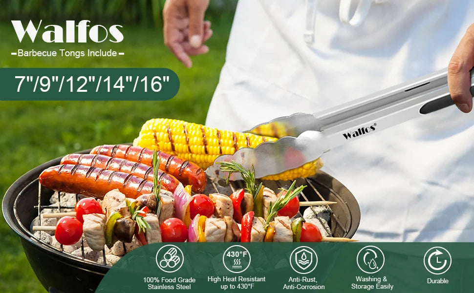 WALFOS BBQ Grilling Tong Salad Serving Food Tong Stainless Steel Metal Kitchen Tongs Barbecue Cooking Locking Tong Food BBQ Clip