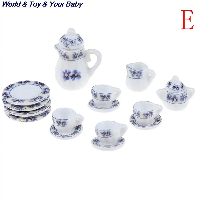 15Pcs 1:12 Miniature Porcelain Tea Cup Set Chintz Flower Tableware Kitchen Dollhouse Furniture Toys For Children