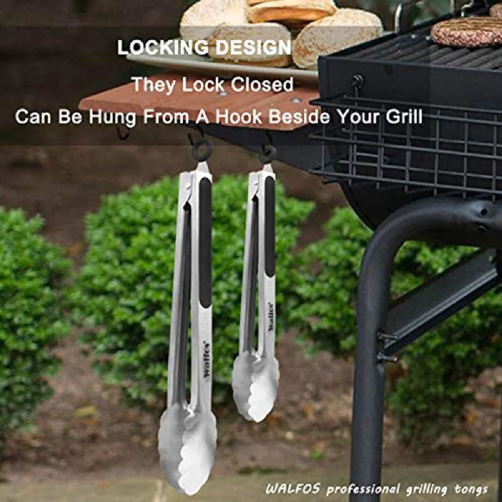 WALFOS BBQ Grilling Tong Salad Serving Food Tong Stainless Steel Metal Kitchen Tongs Barbecue Cooking Locking Tong Food BBQ Clip