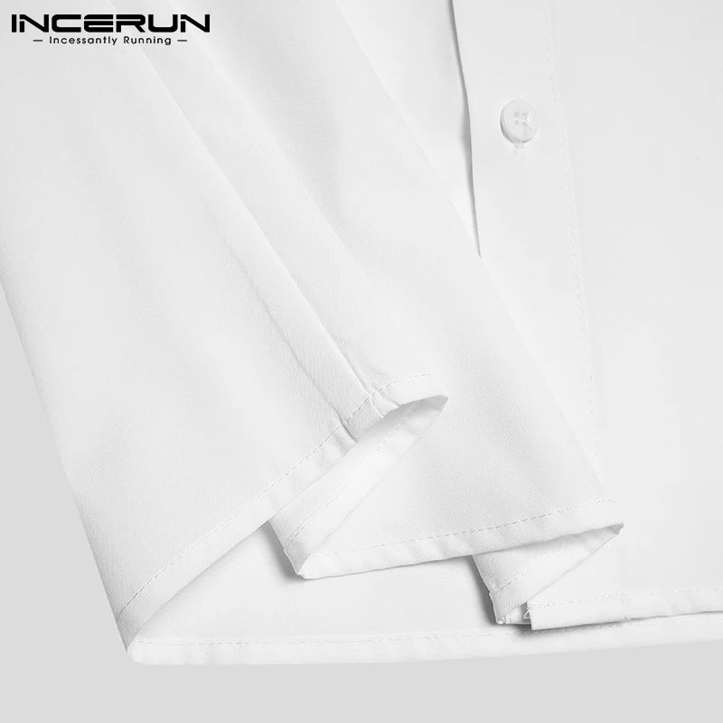 INCERUN Men Shirt Lace Mesh Patchwork Lapel Short Sleeve Streetwear See Through Sexy Camisas Summer 2024 Party Men Clothing
