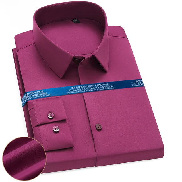 Men's Silk Touch Long Sleeve Non-iron Dress Shirt Without Pocket Stretchy Silky Regular Fit Wrinkle Free Business Casual Shirts