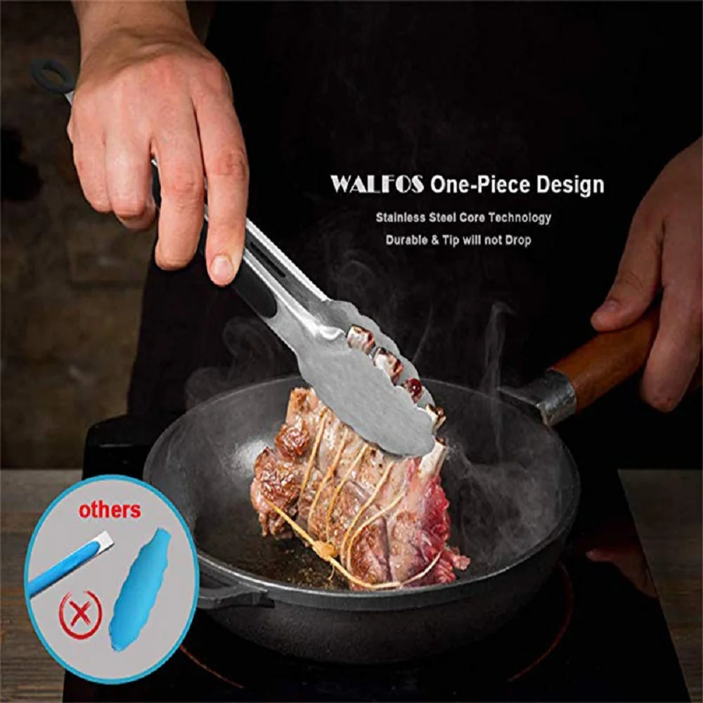 WALFOS BBQ Grilling Tong Salad Serving Food Tong Stainless Steel Metal Kitchen Tongs Barbecue Cooking Locking Tong Food BBQ Clip