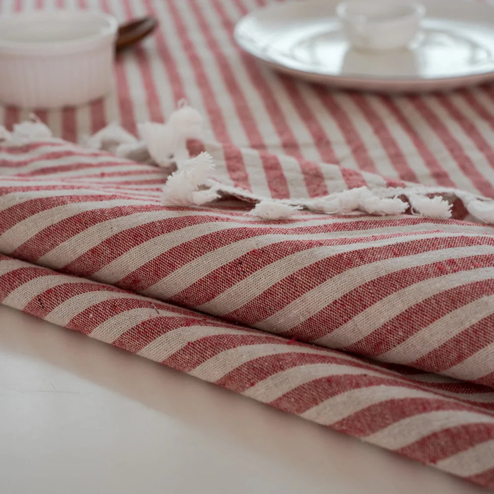 CFen A's Quality Dining Tablecloth Rectangle Cotton Linen Stripe Print Table Cloth Tassels Home Kitchen Banquet Table Cover 1pc