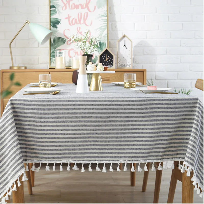 CFen A's Quality Dining Tablecloth Rectangle Cotton Linen Stripe Print Table Cloth Tassels Home Kitchen Banquet Table Cover 1pc
