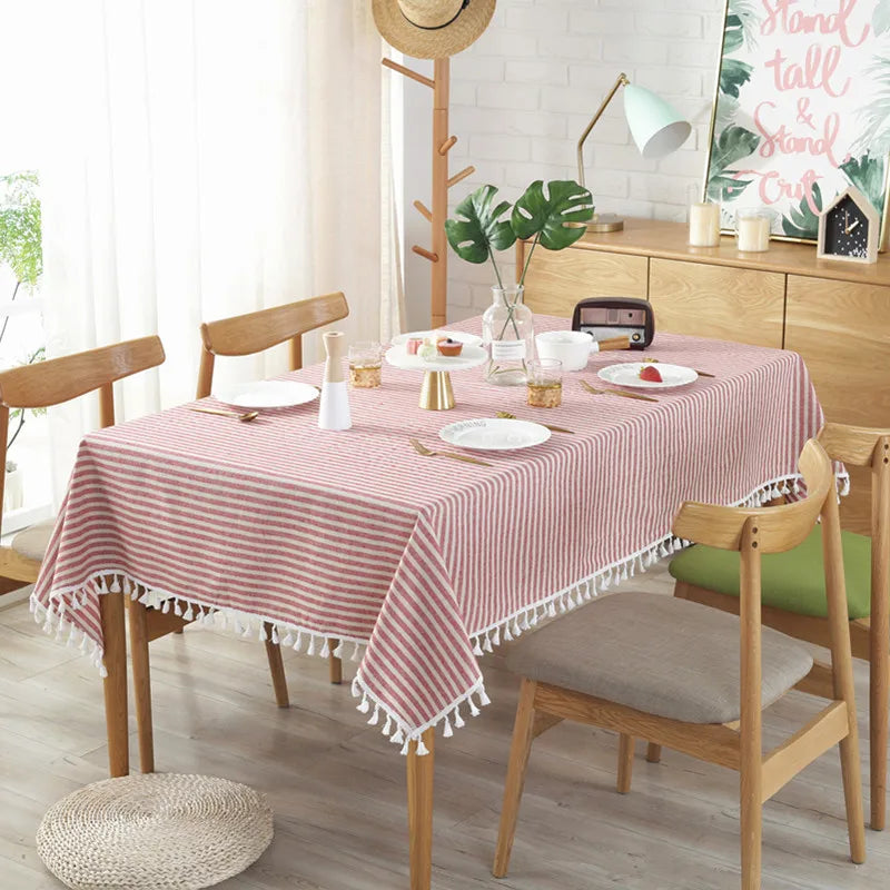 CFen A's Quality Dining Tablecloth Rectangle Cotton Linen Stripe Print Table Cloth Tassels Home Kitchen Banquet Table Cover 1pc