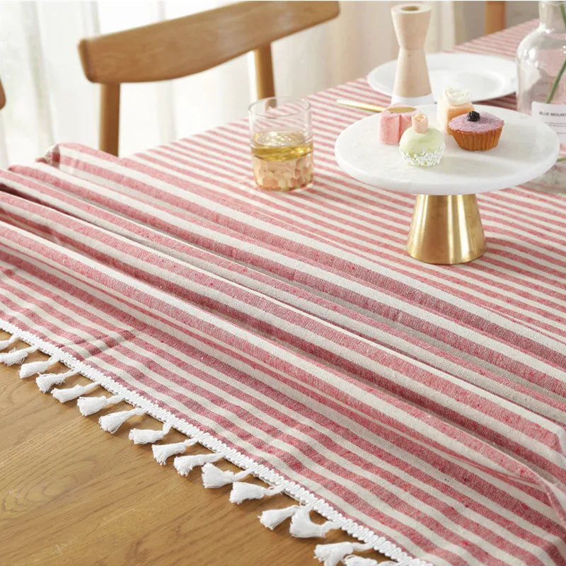 CFen A's Quality Dining Tablecloth Rectangle Cotton Linen Stripe Print Table Cloth Tassels Home Kitchen Banquet Table Cover 1pc
