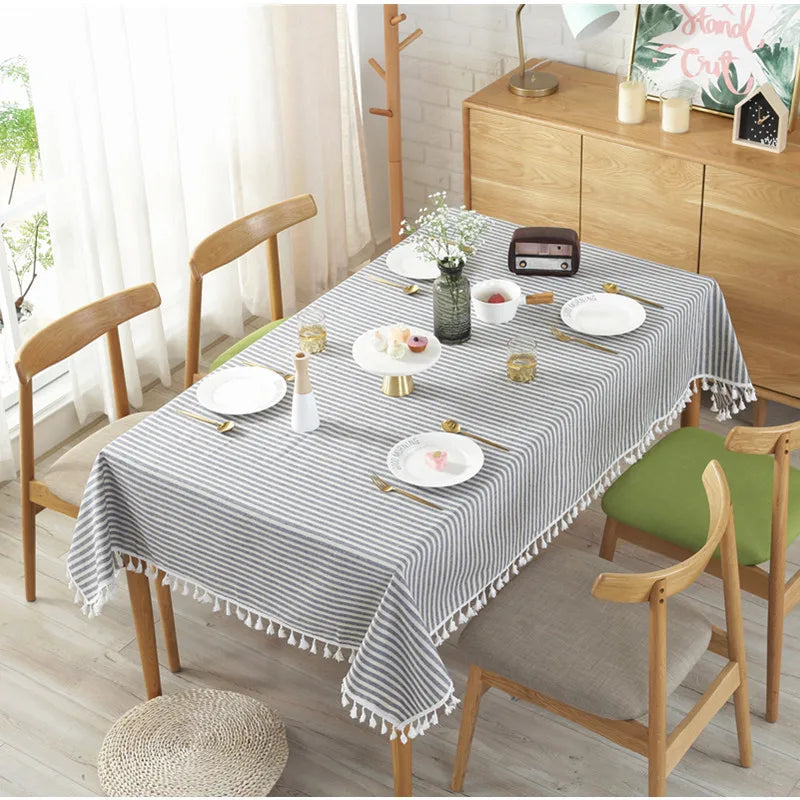 CFen A's Quality Dining Tablecloth Rectangle Cotton Linen Stripe Print Table Cloth Tassels Home Kitchen Banquet Table Cover 1pc