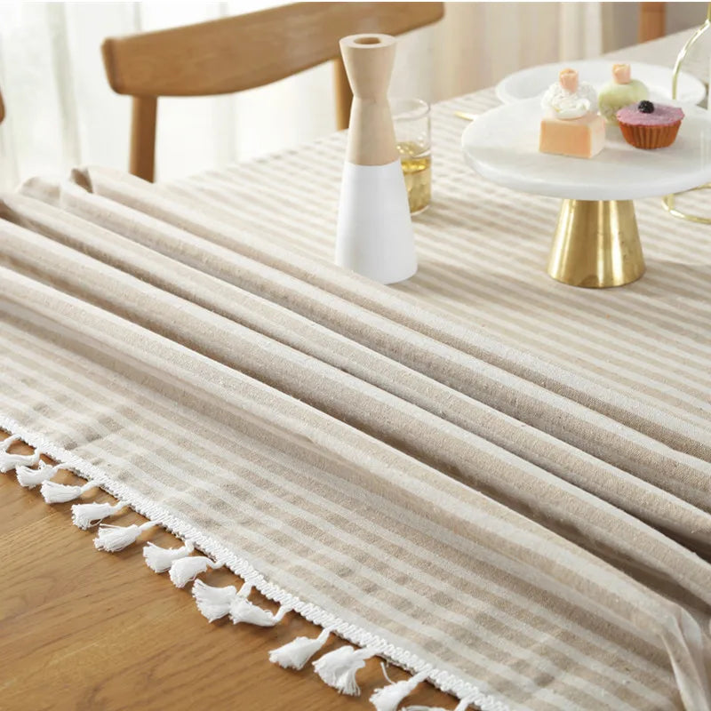 CFen A's Quality Dining Tablecloth Rectangle Cotton Linen Stripe Print Table Cloth Tassels Home Kitchen Banquet Table Cover 1pc