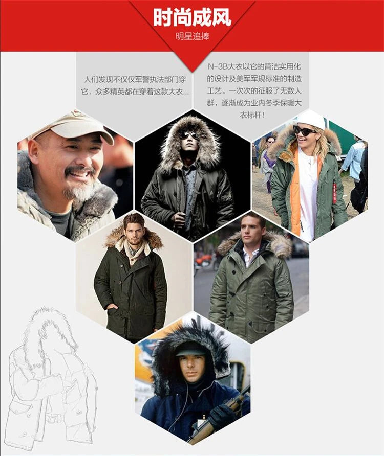 2025 Winter N3B puffer men long Куртка аляска coat military fur hood warm tactical bomber army korean thick parka