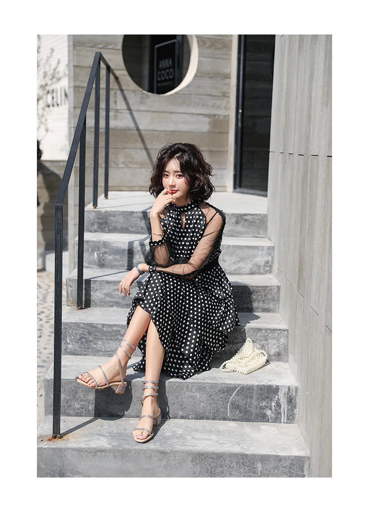 Transparent Long-Sleeved Chiffon Dress for Ladies, Polka Dot, Elegant Temperament, Fashion, New