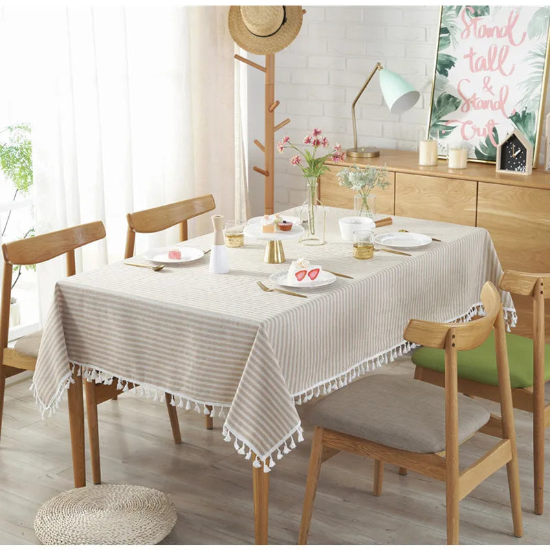CFen A's Quality Dining Tablecloth Rectangle Cotton Linen Stripe Print Table Cloth Tassels Home Kitchen Banquet Table Cover 1pc