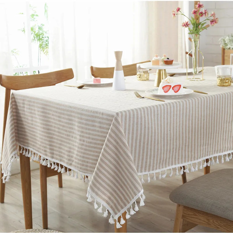 CFen A's Quality Dining Tablecloth Rectangle Cotton Linen Stripe Print Table Cloth Tassels Home Kitchen Banquet Table Cover 1pc