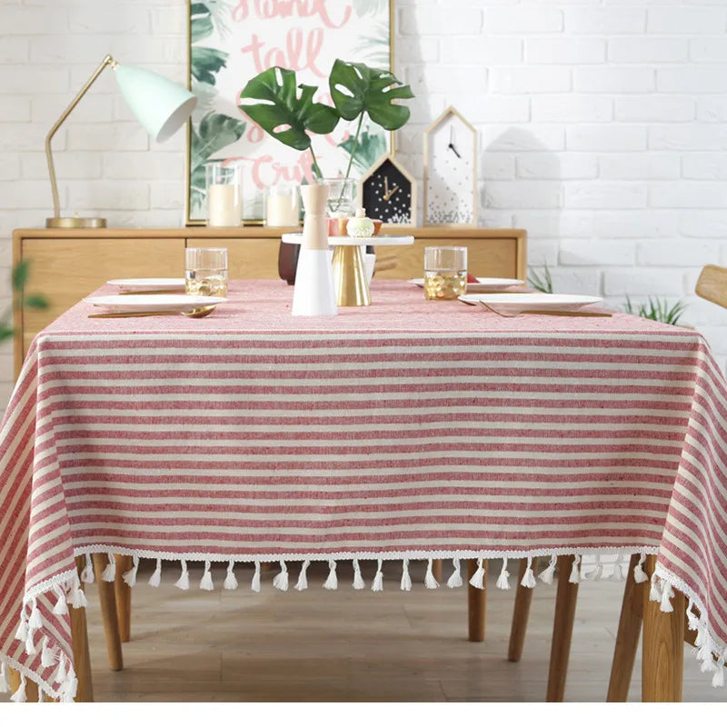 CFen A's Quality Dining Tablecloth Rectangle Cotton Linen Stripe Print Table Cloth Tassels Home Kitchen Banquet Table Cover 1pc
