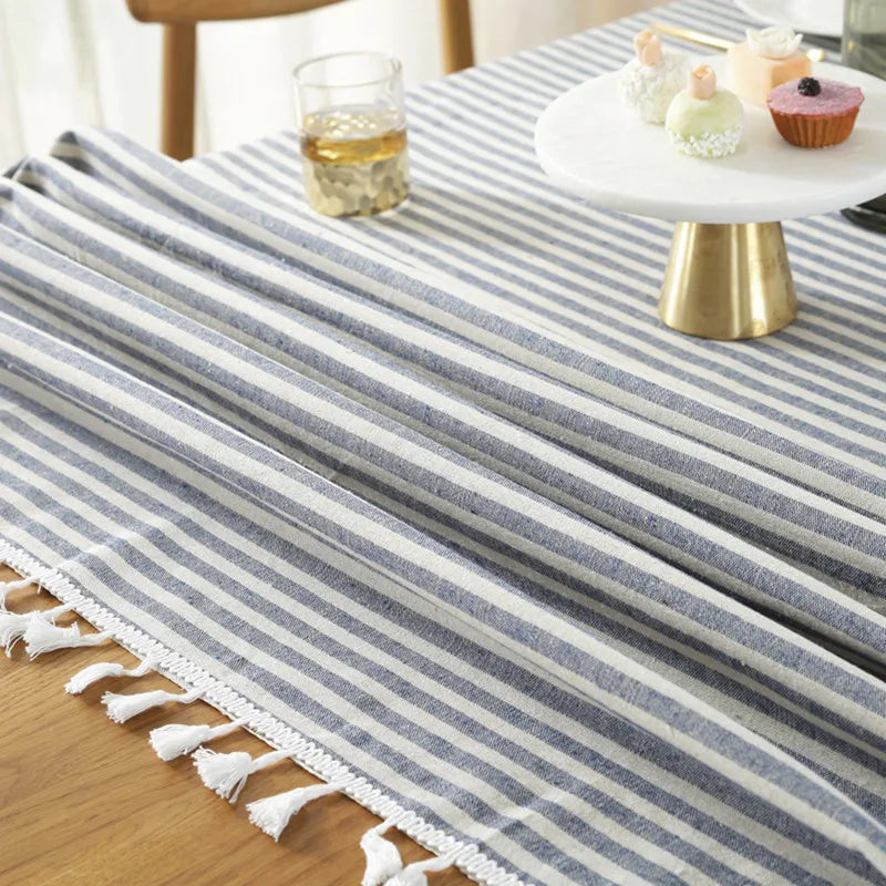 CFen A's Quality Dining Tablecloth Rectangle Cotton Linen Stripe Print Table Cloth Tassels Home Kitchen Banquet Table Cover 1pc