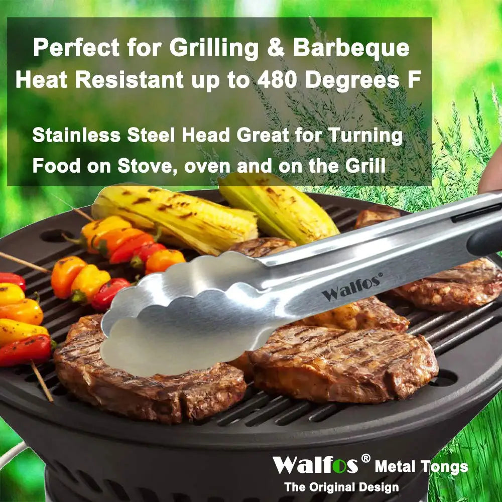 WALFOS BBQ Grilling Tong Salad Serving Food Tong Stainless Steel Metal Kitchen Tongs Barbecue Cooking Locking Tong Food BBQ Clip