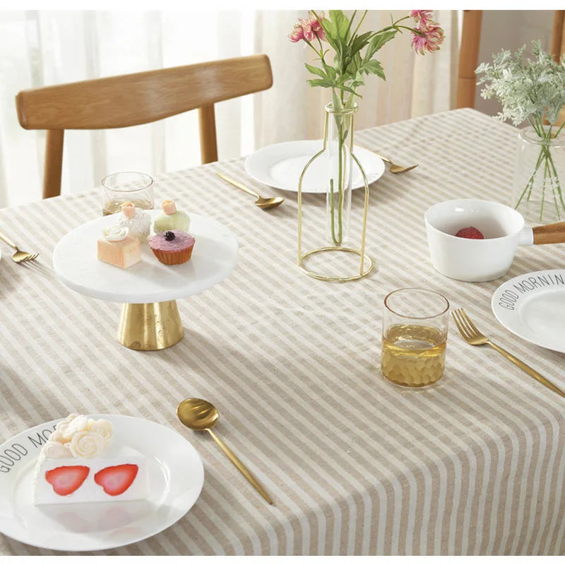 CFen A's Quality Dining Tablecloth Rectangle Cotton Linen Stripe Print Table Cloth Tassels Home Kitchen Banquet Table Cover 1pc