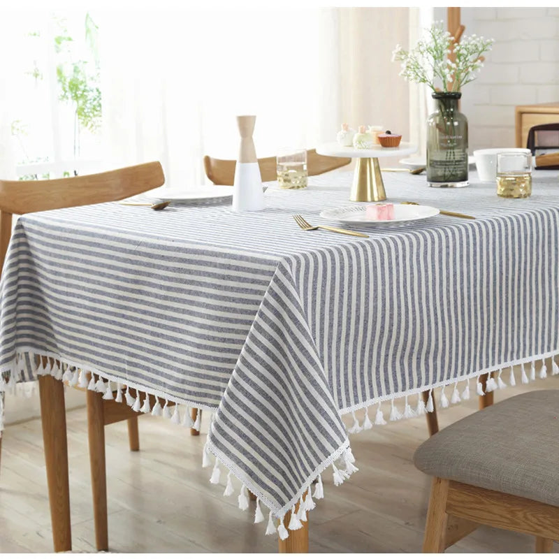 CFen A's Quality Dining Tablecloth Rectangle Cotton Linen Stripe Print Table Cloth Tassels Home Kitchen Banquet Table Cover 1pc