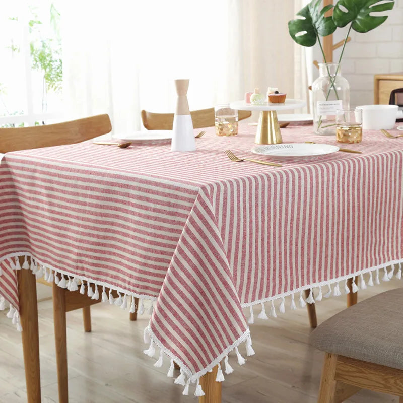 CFen A's Quality Dining Tablecloth Rectangle Cotton Linen Stripe Print Table Cloth Tassels Home Kitchen Banquet Table Cover 1pc