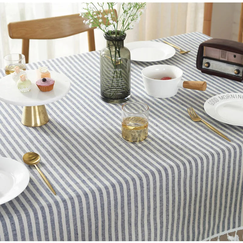CFen A's Quality Dining Tablecloth Rectangle Cotton Linen Stripe Print Table Cloth Tassels Home Kitchen Banquet Table Cover 1pc