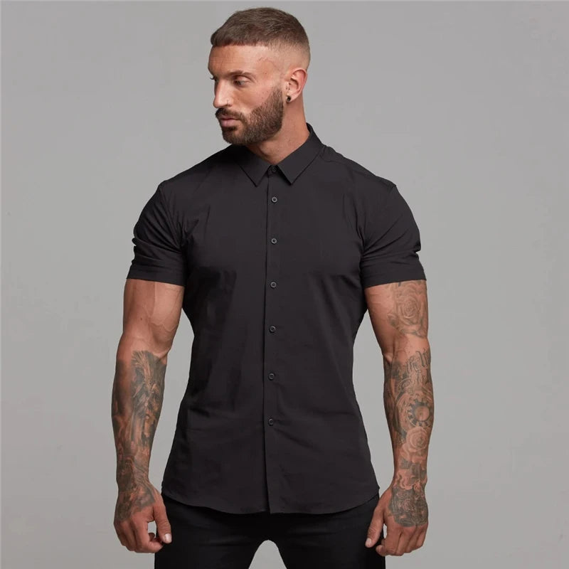 Summer Fashion Man Short Sleeve Shirt Solid Fitness Mens Turn-down Collar Super Slim Fit Business Dress Shirt Button Gym Tops