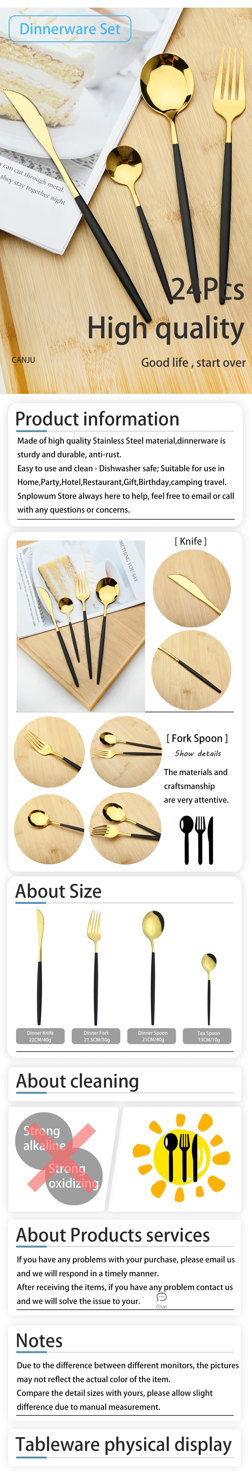 24Pcs/Set Stainless Steel Dinnerware Set Mix Gold Cutlery Set Dinner Knife Fork Coffee Spoon Tableware Kitchen Silverware Sets