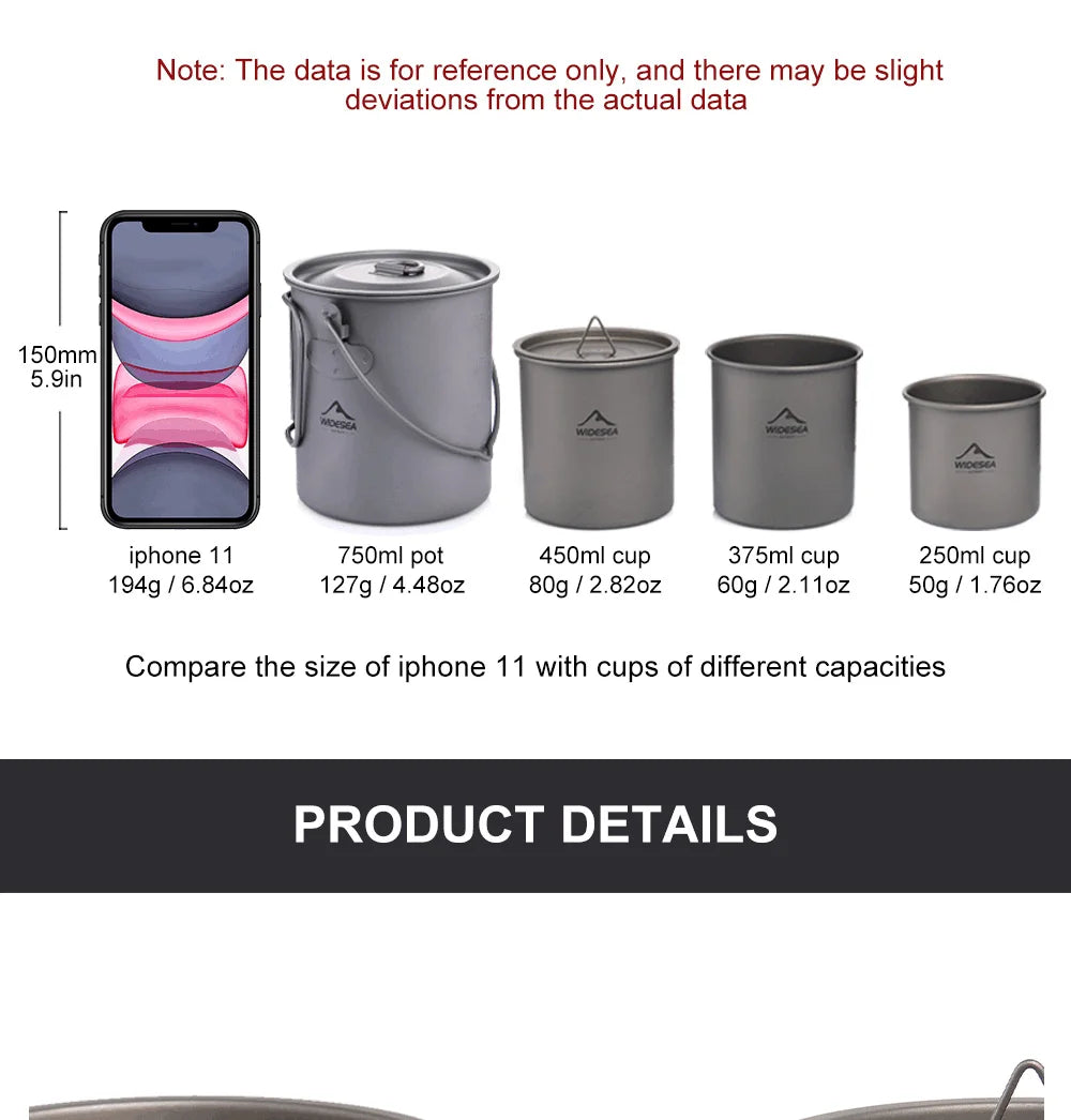 Widesea Camping Mug Titanium Cup Tourist Tableware Picnic Utensils Outdoor Kitchen Equipment Travel Cooking set Cookware Hiking