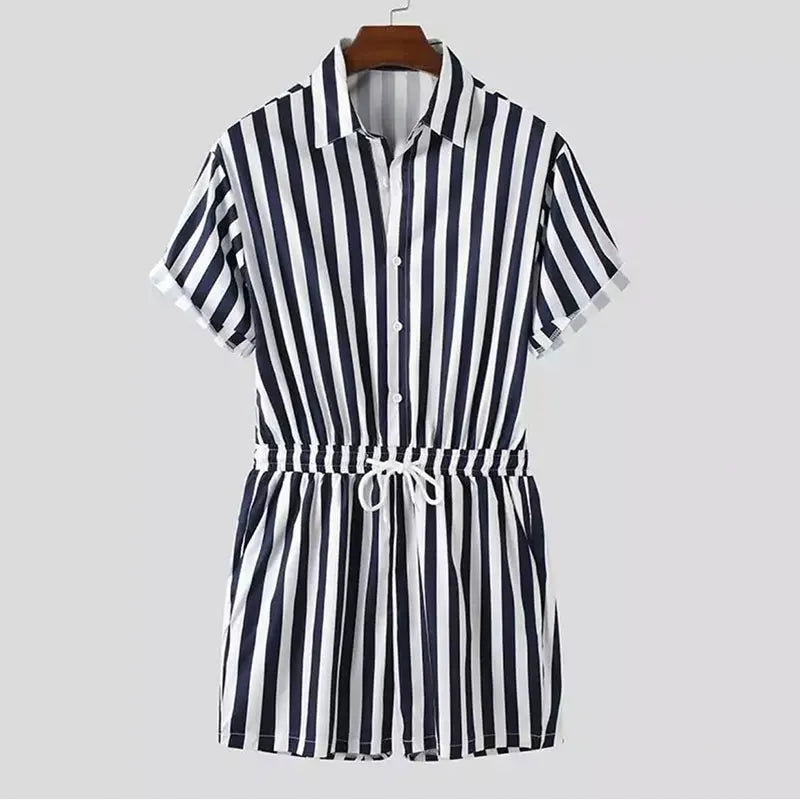 Men's Striped Romper Shorts Fashion Casual Playsuit Short Sleeve Button-down Shorts Lapel Jumpsuit Drawstring Streetwear S-3XL